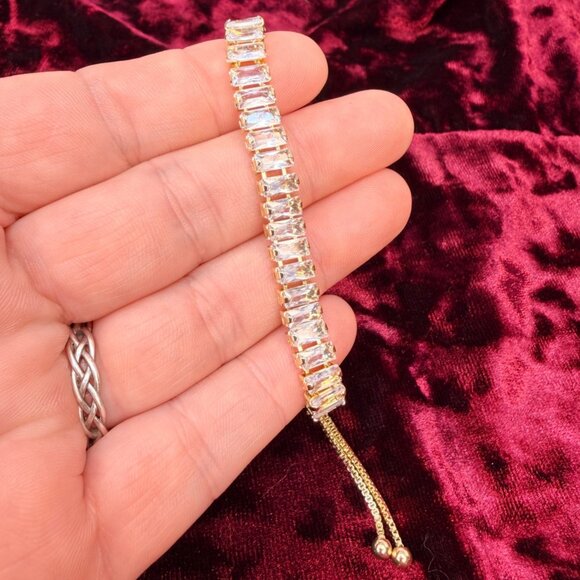 Slider Tennis Bracelet Gold Overlay Made with Swarovski Baguette Crystals - Picture 9 of 9